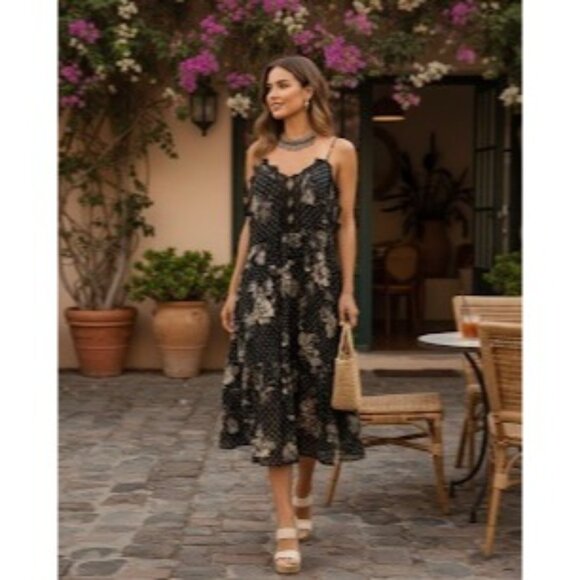 RARE Vintage Free People Black Floral Crochet Trim Strappy Back Boho Midi Dress - Picture 1 of 10